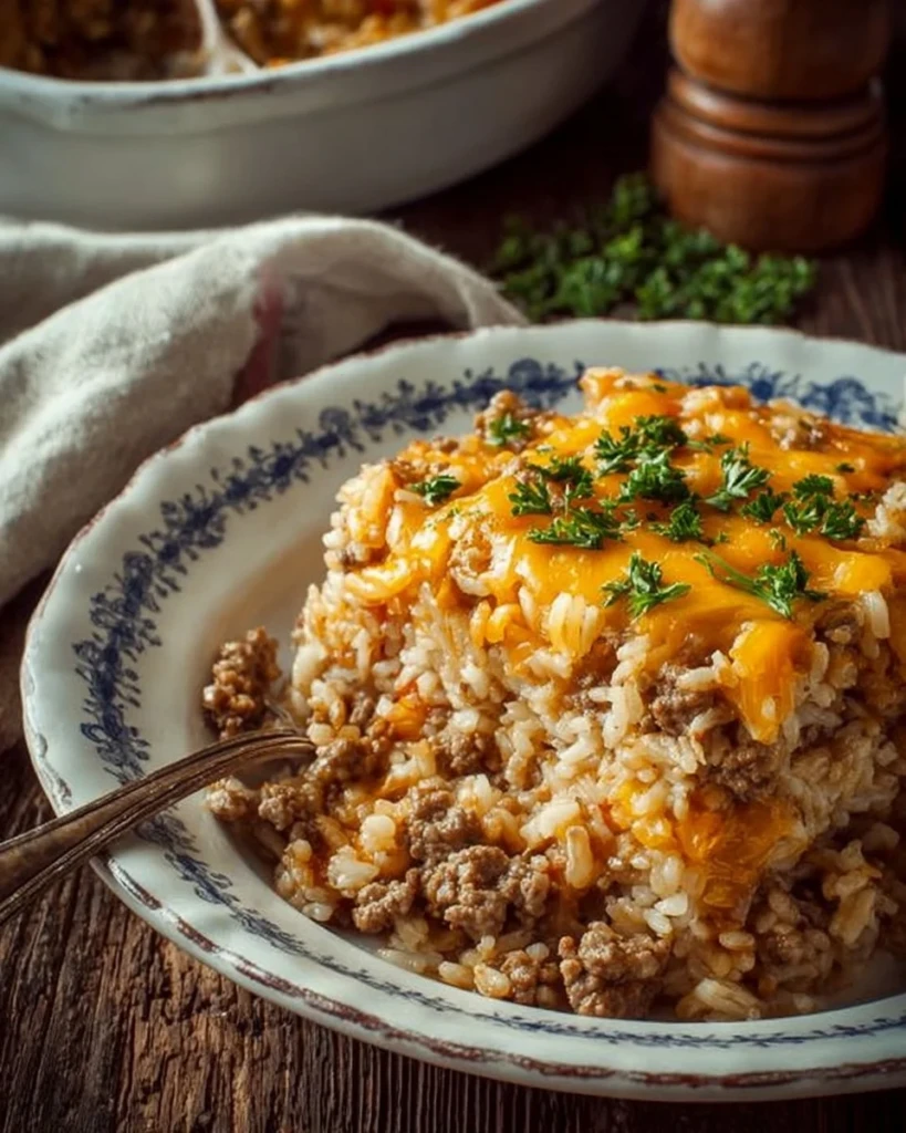 Cheesy Ground Beef and Rice Casserole prepared in a baking dish.