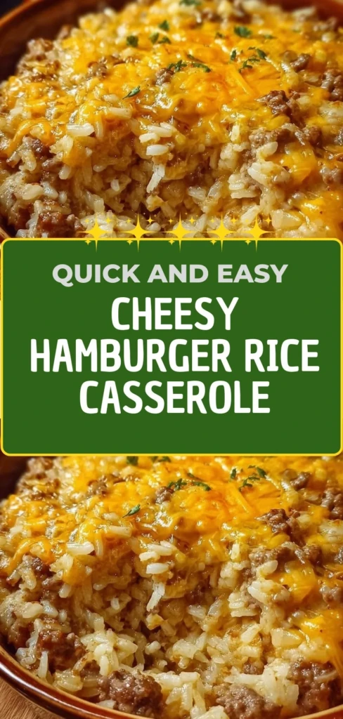 Delicious cheesy hamburger rice casserole topped with melted cheese