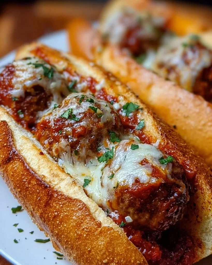 Delicious cheesy meatball subs with melted cheese and savory meatballs