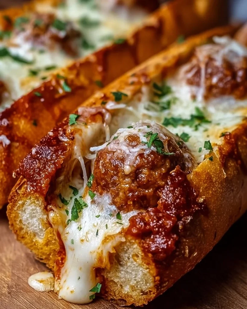 Cheesy meatball subs with melted cheese and marinara sauce on a toasted hoagie bun
