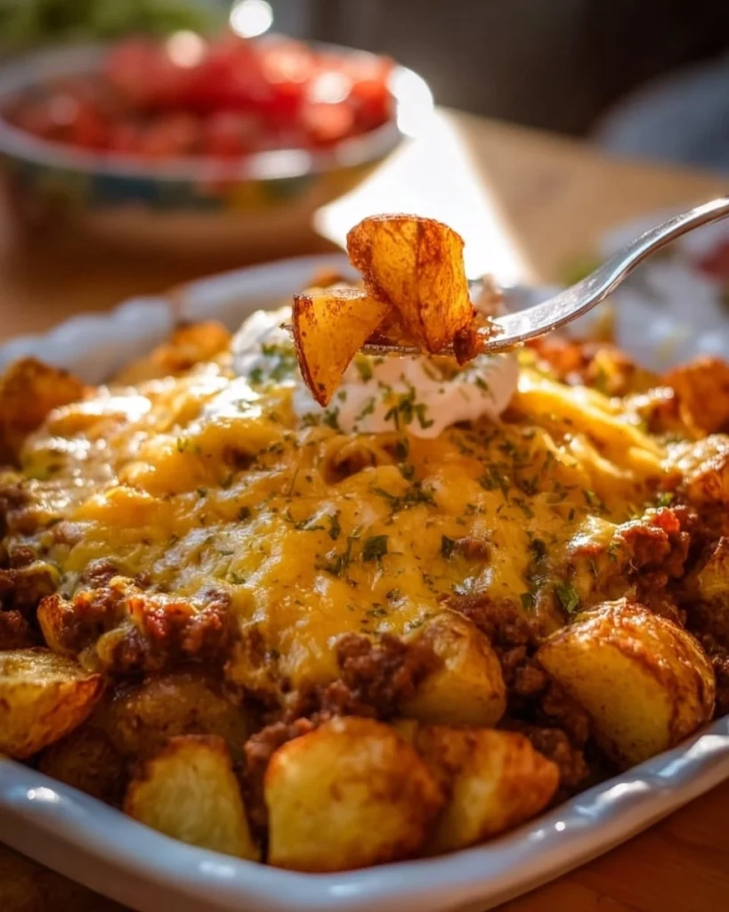 Cheesy taco potatoes topped with cheese, sour cream, and fresh toppings in a bowl.