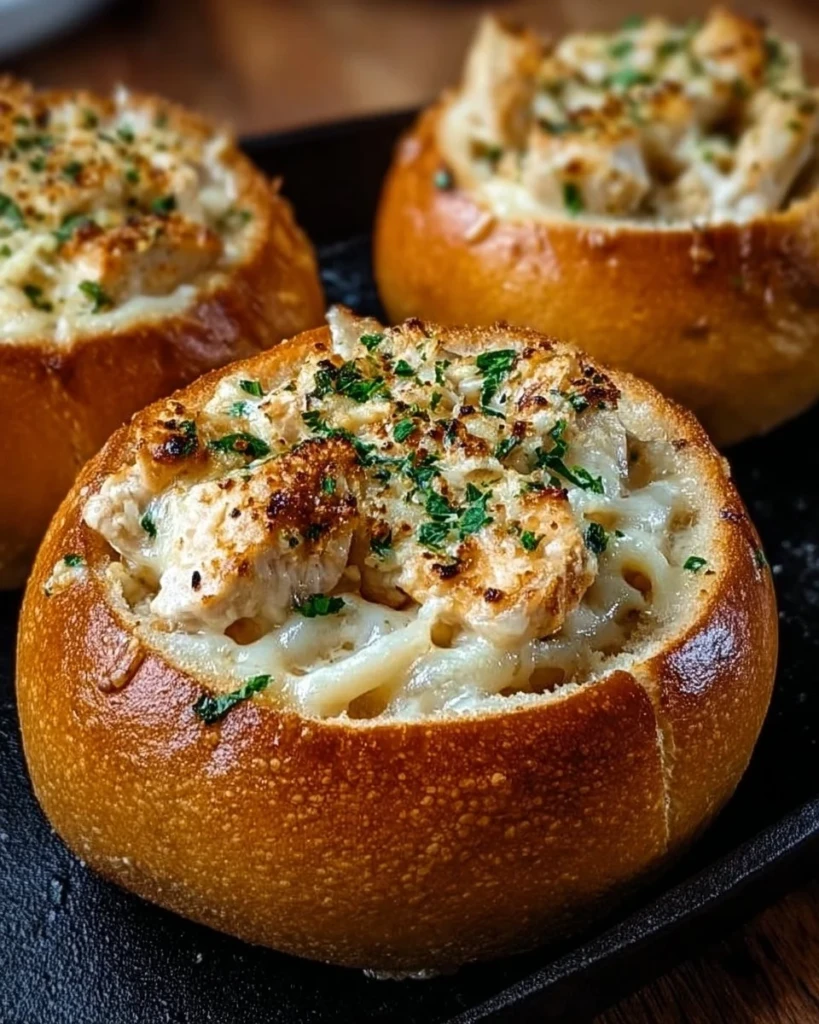 Chicken Alfredo served in savory garlic bread bowls ready to enjoy.