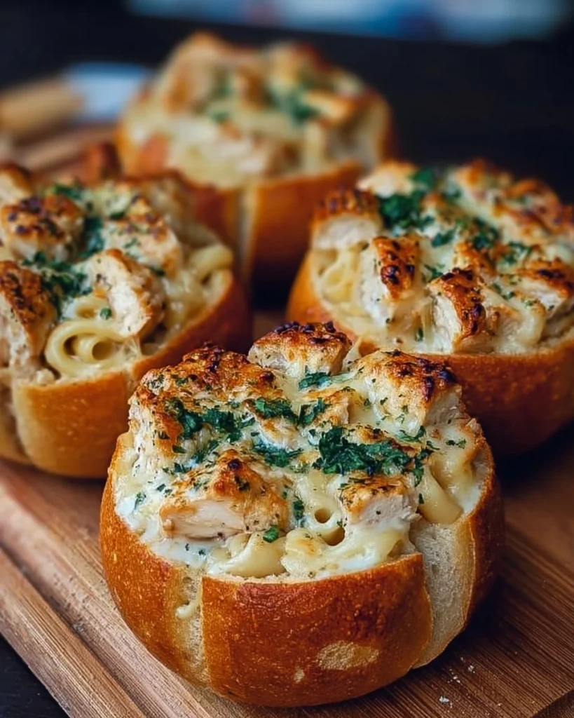 Delicious Chicken Alfredo served in garlic bread bowls, perfect for a hearty meal.