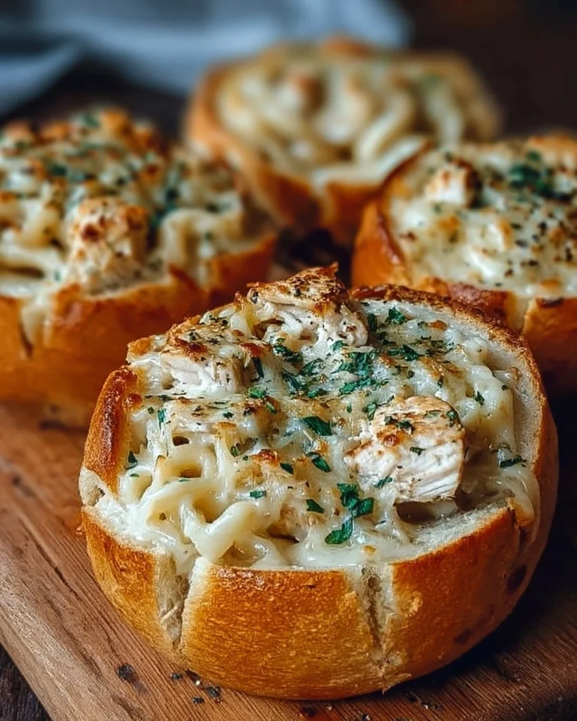 Chicken Alfredo Garlic Bread Bowls filled with creamy sauce and chicken