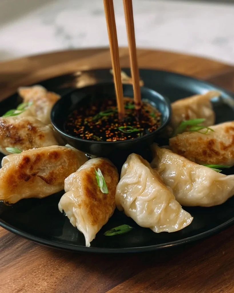 Plate of crispy chicken potstickers served with dipping sauce