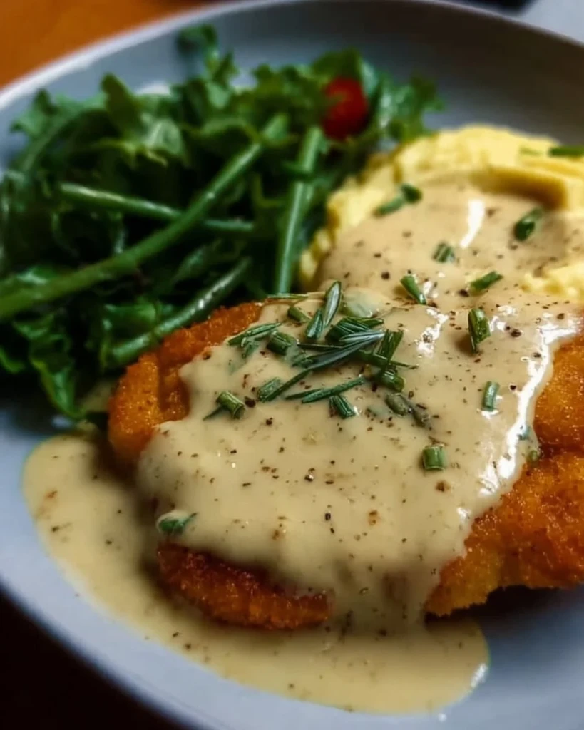 Delicious Chicken Schnitzel topped with a creamy sauce on a plate