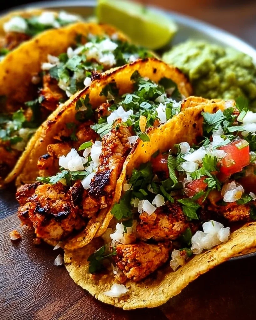 Plate of flavorful chicken street tacos topped with fresh cilantro and lime
