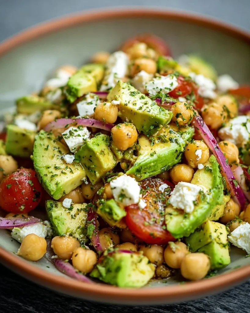 Chickpea Feta Avocado Salad with fresh ingredients in a bowl.