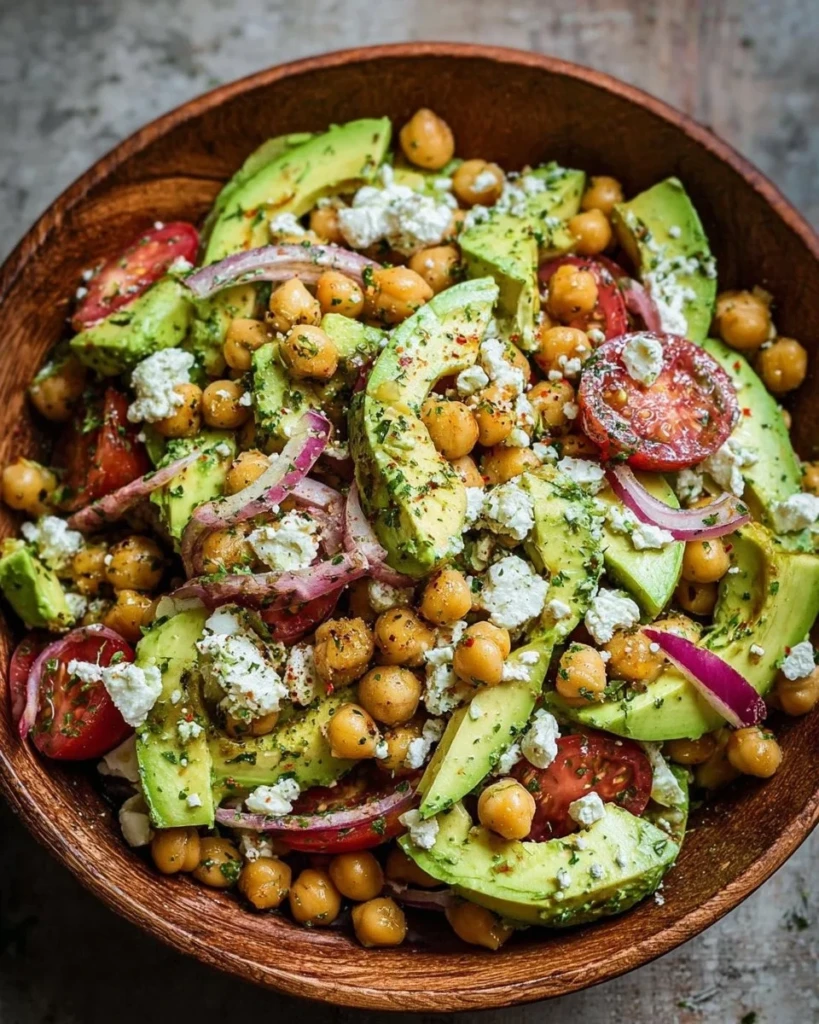 Delicious Chickpea Feta Avocado Salad with colorful vegetables