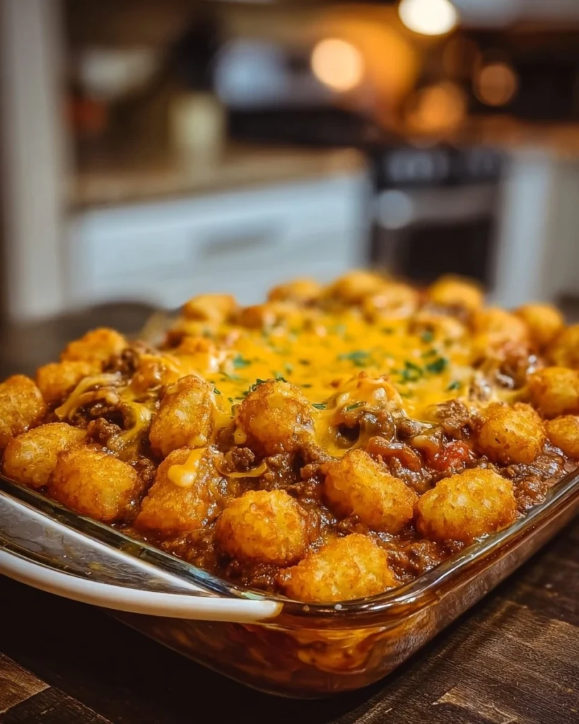 Delicious Chili Cheese Tater Tot Casserole served in a baking dish