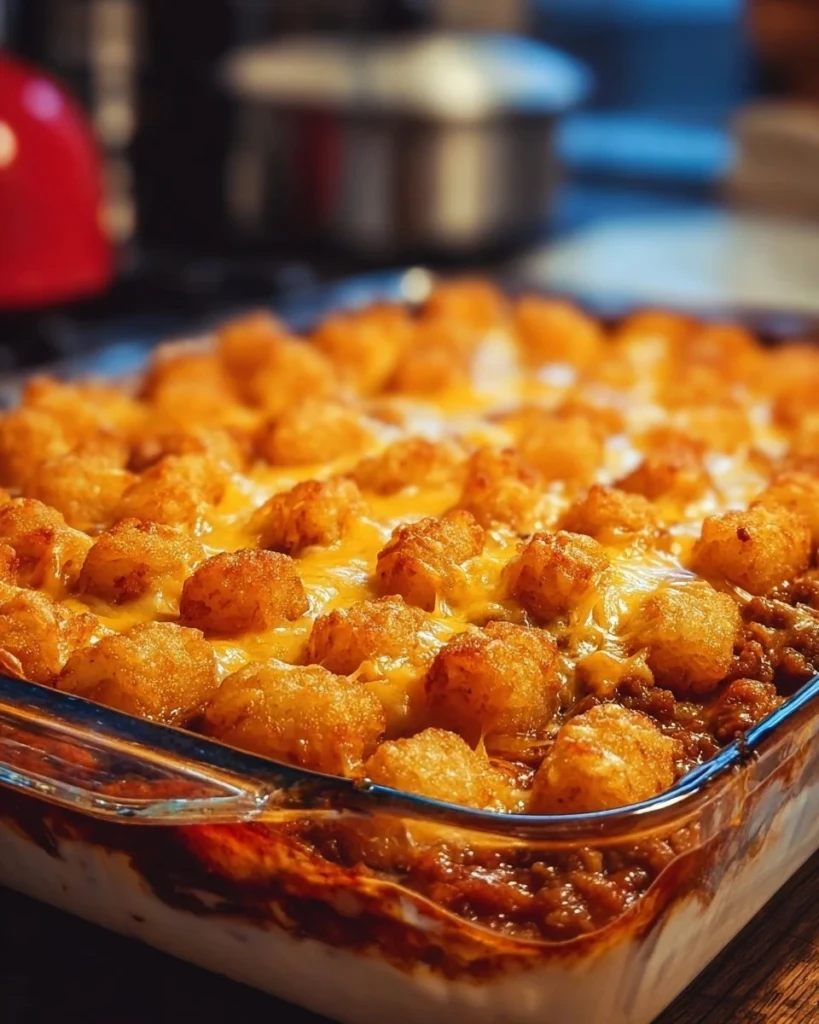 Delicious Chili Cheese Tater Tot Casserole served in a vibrant dish