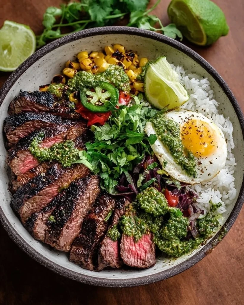 Cilantro lime steak bowl with fresh vegetables and toppings