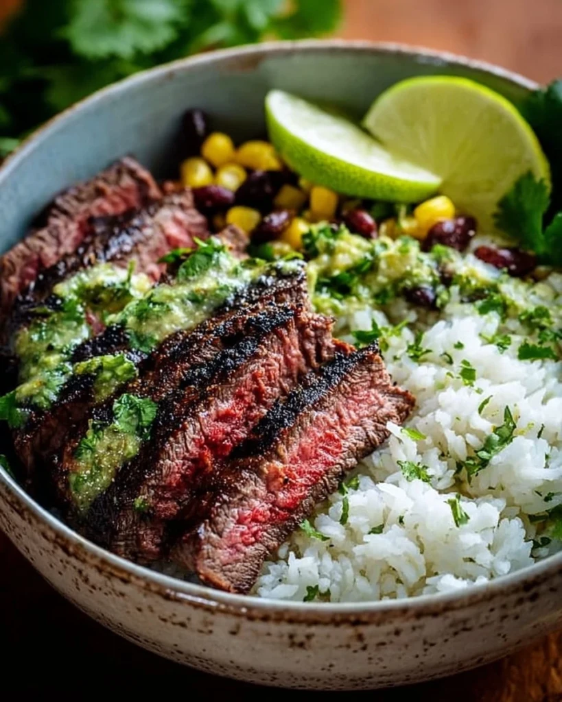 Cilantro lime steak bowls topped with fresh vegetables and lime