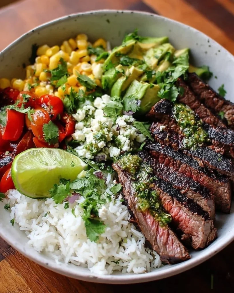 Cilantro lime steak bowls served with fresh vegetables and rice