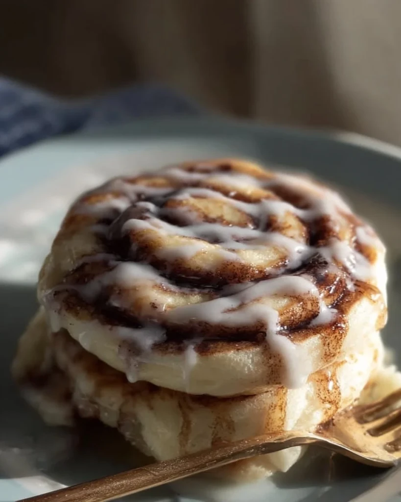 Deliciously stacked cinnamon roll pancakes drizzled with icing