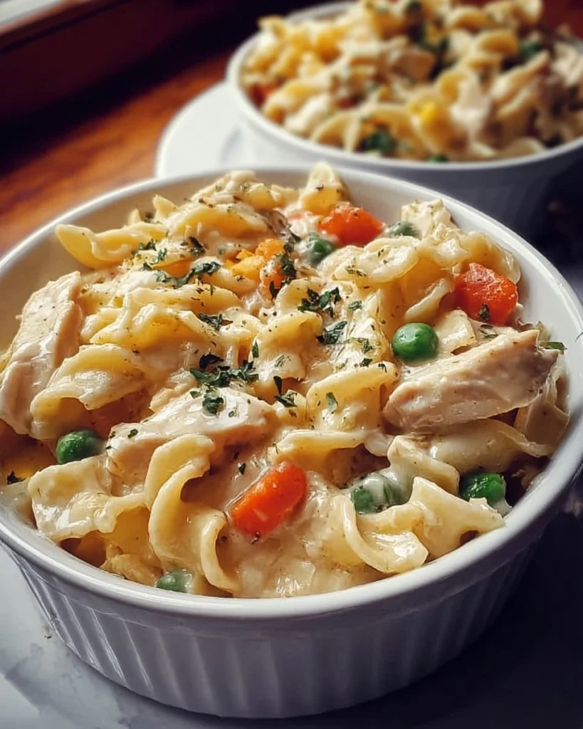 Classic chicken pot pie pasta served in a bowl