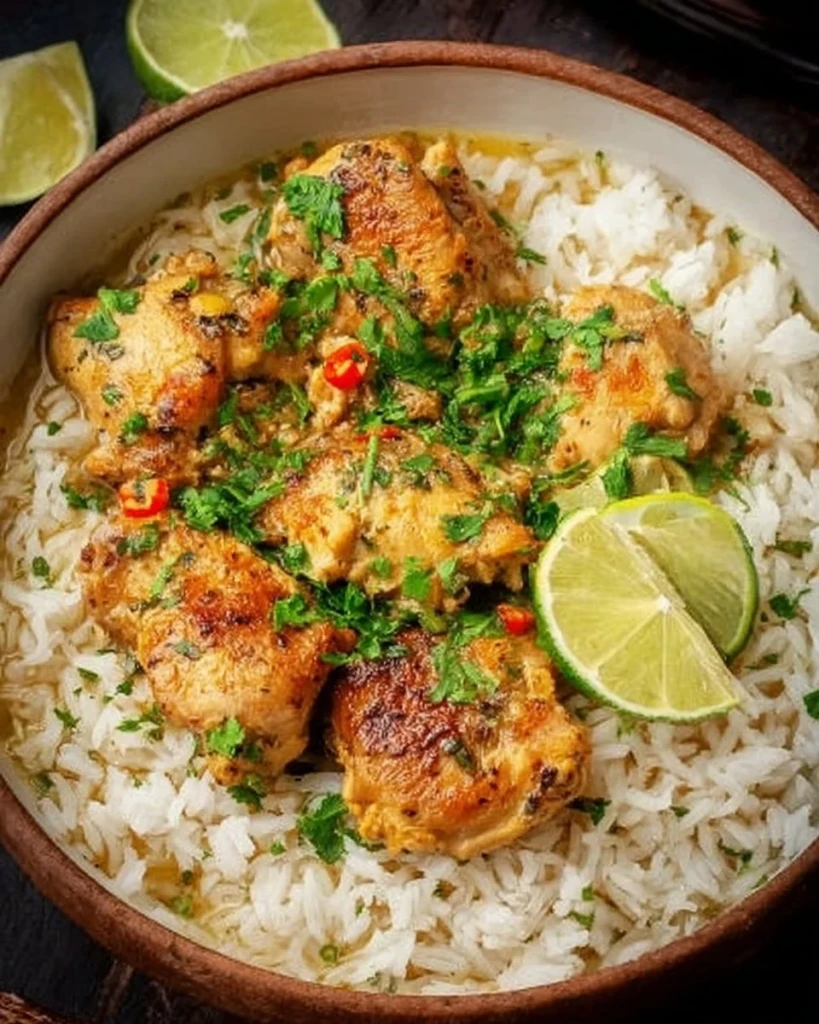 Delicious Coconut Chicken served with rice, garnished with fresh herbs