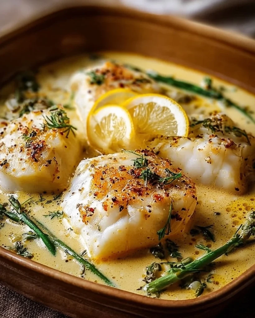 Delicious Coconut Lemon Cream Cod served on a plate with lemon slices and herbs.