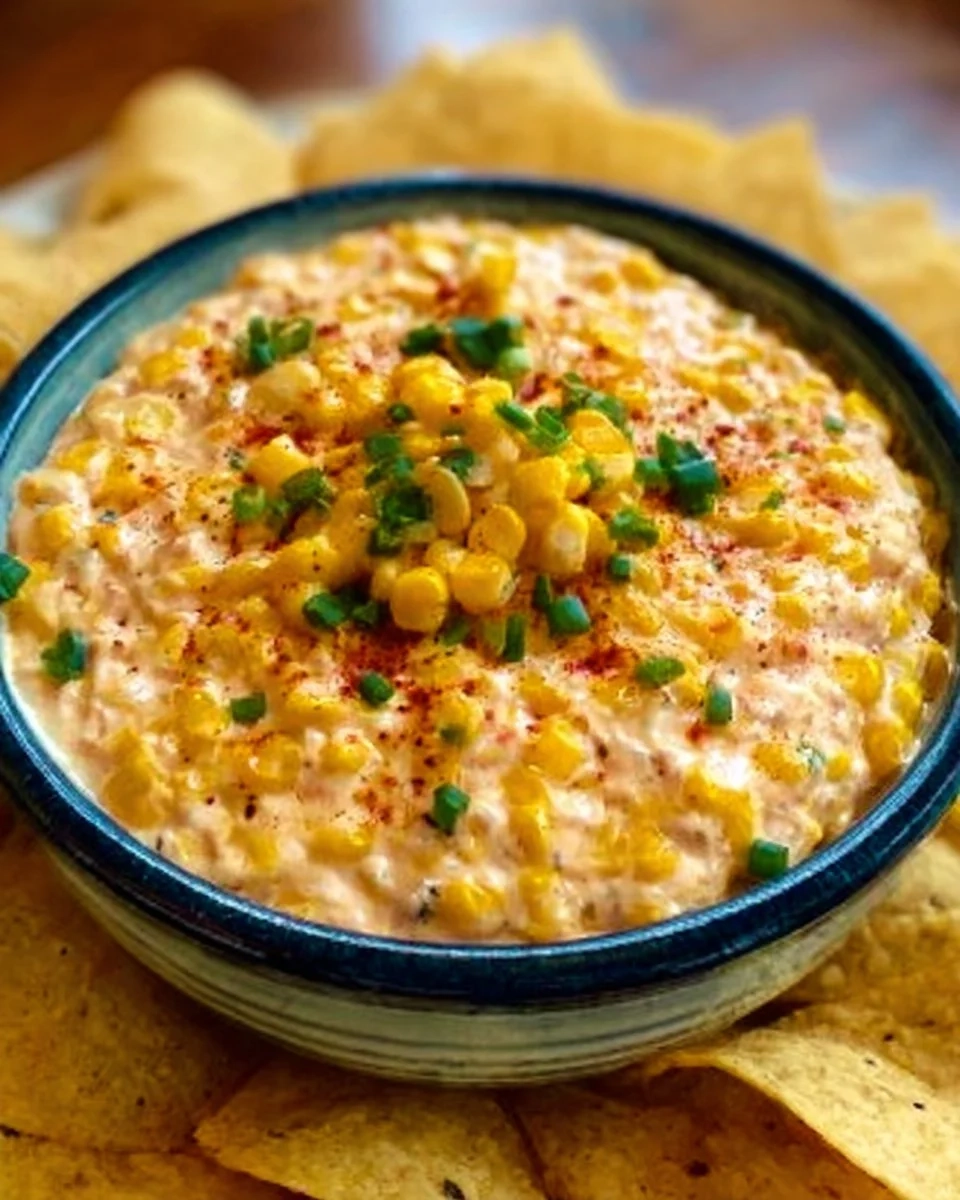 Delicious corn dip served with tortilla chips in a bowl