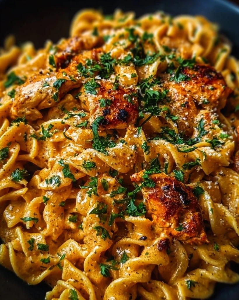Delicious Cowboy Butter Chicken Pasta served in a white bowl