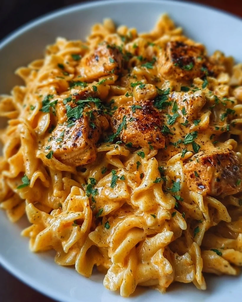 Delicious Cowboy Butter Chicken Pasta served in a bowl with fresh herbs.
