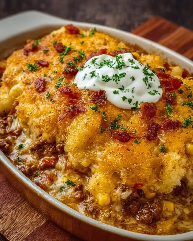 Delicious cowboy casserole served in a bowl, showcasing layers of meat and cheese.