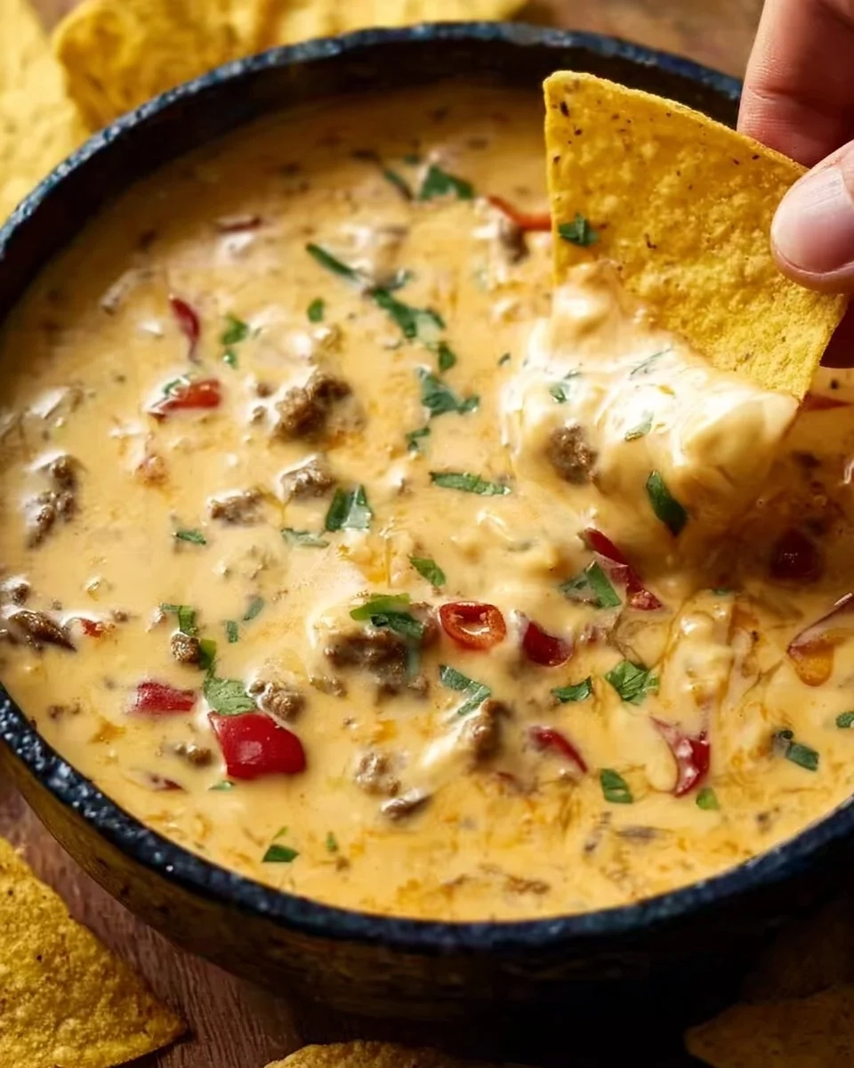 Delicious Cowboy Queso served in a rustic bowl with tortilla chips.