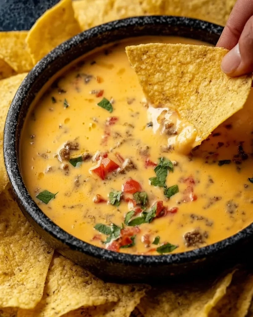 Delicious Cowboy Queso dip with cheese, spices, and vegetables