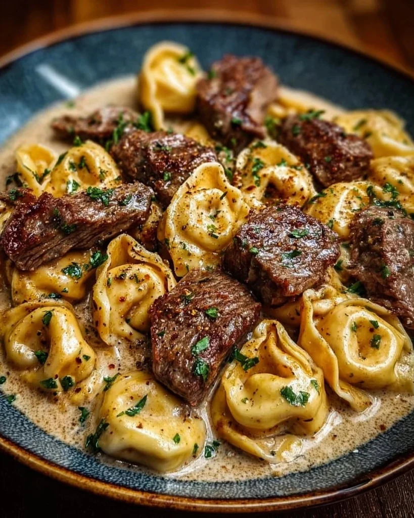 Cracked Garlic Steak Tortellini served in creamy sauce