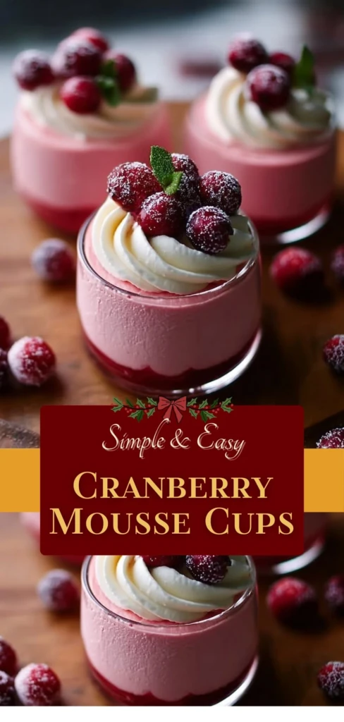 Delicious cranberry mousse cups topped with fresh cranberries and whipped cream.