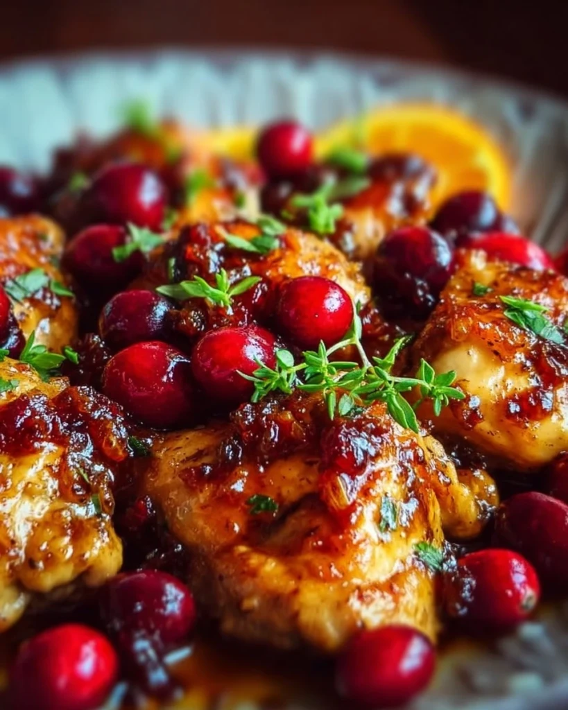 Delicious Cranberry Orange Chicken with vibrant sauce and served over rice.