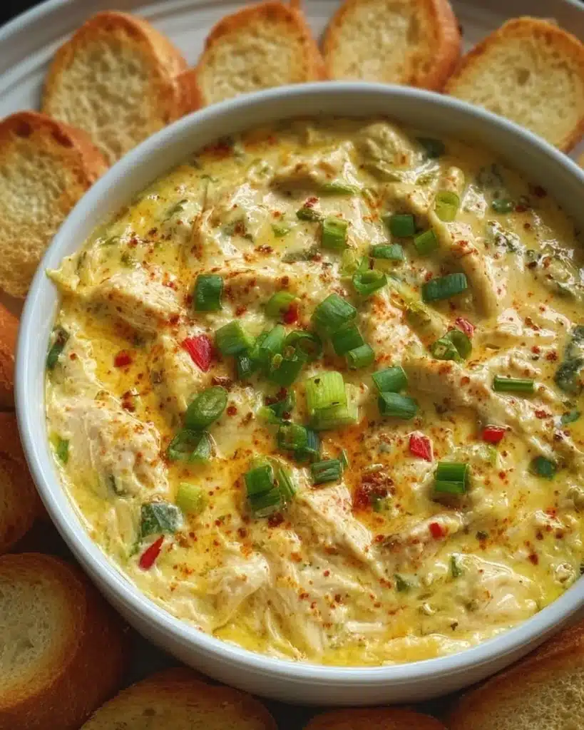 Creamy banana pepper chicken dip served with tortilla chips