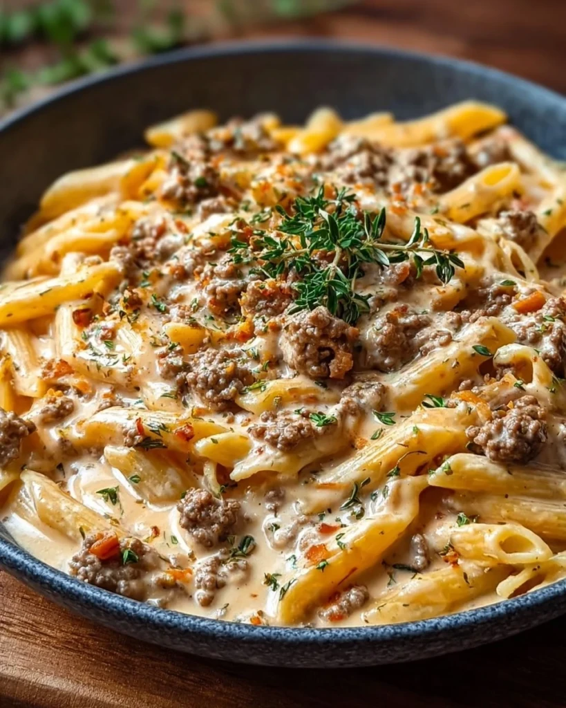 Creamy beef pasta dish with tender beef and rich sauce served in a bowl.