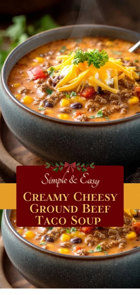 Creamy cheesy ground beef taco soup in a bowl topped with cheese and cilantro