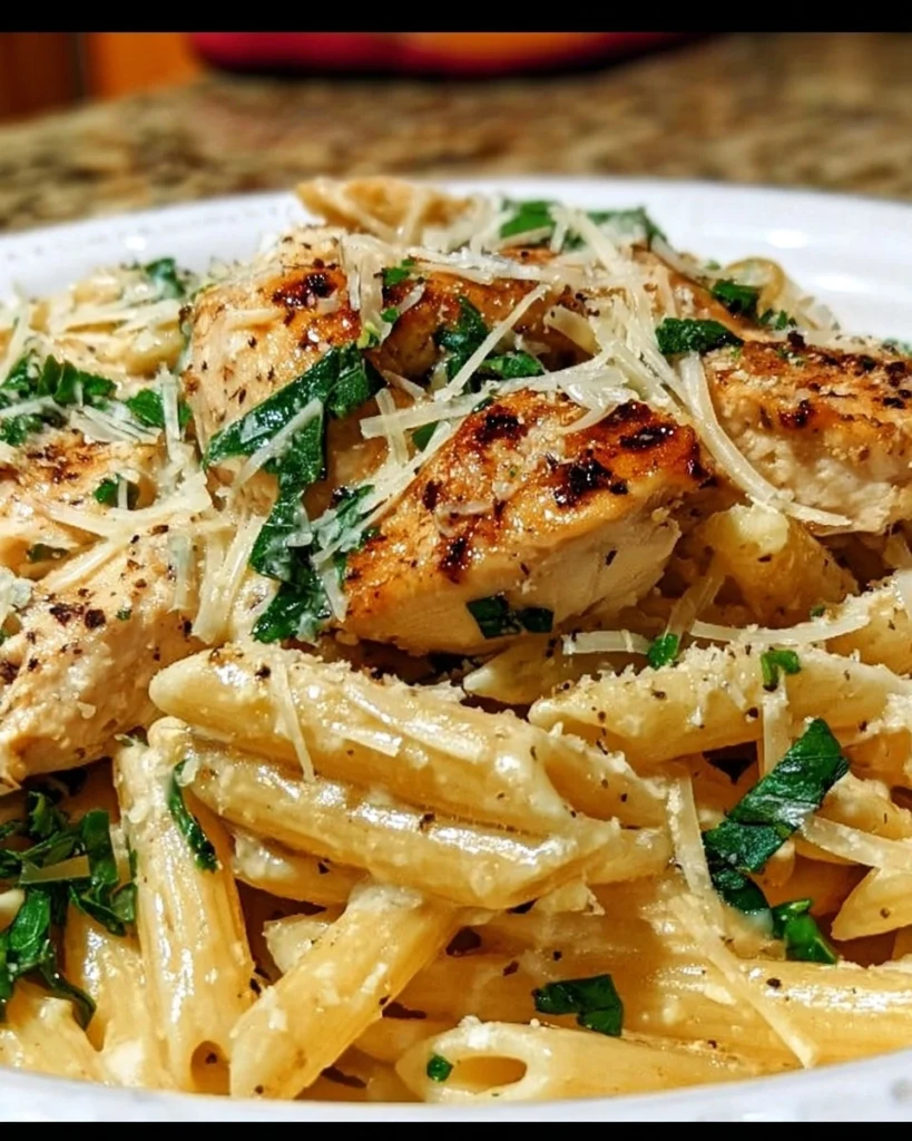 Delicious creamy garlic parmesan chicken pasta in a bowl