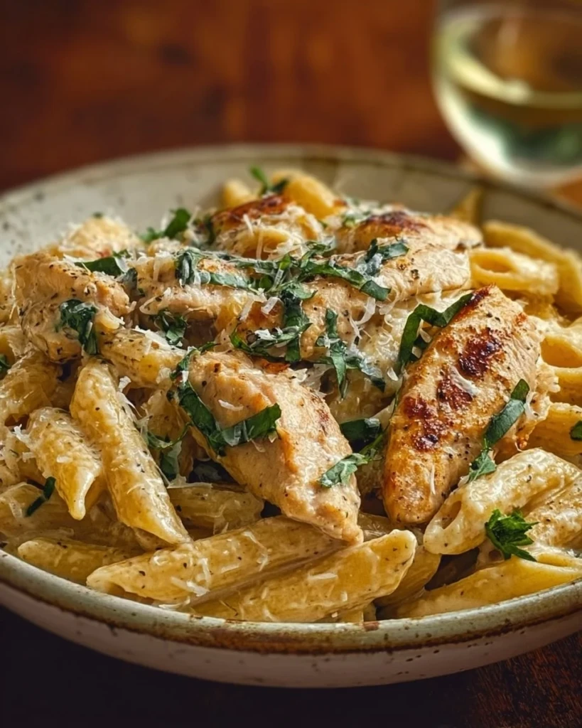 Creamy Garlic Parmesan Chicken Pasta dish garnished with herbs