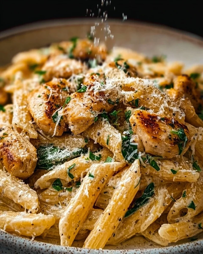 Creamy garlic parmesan chicken pasta served in a bowl with fresh parsley on top.