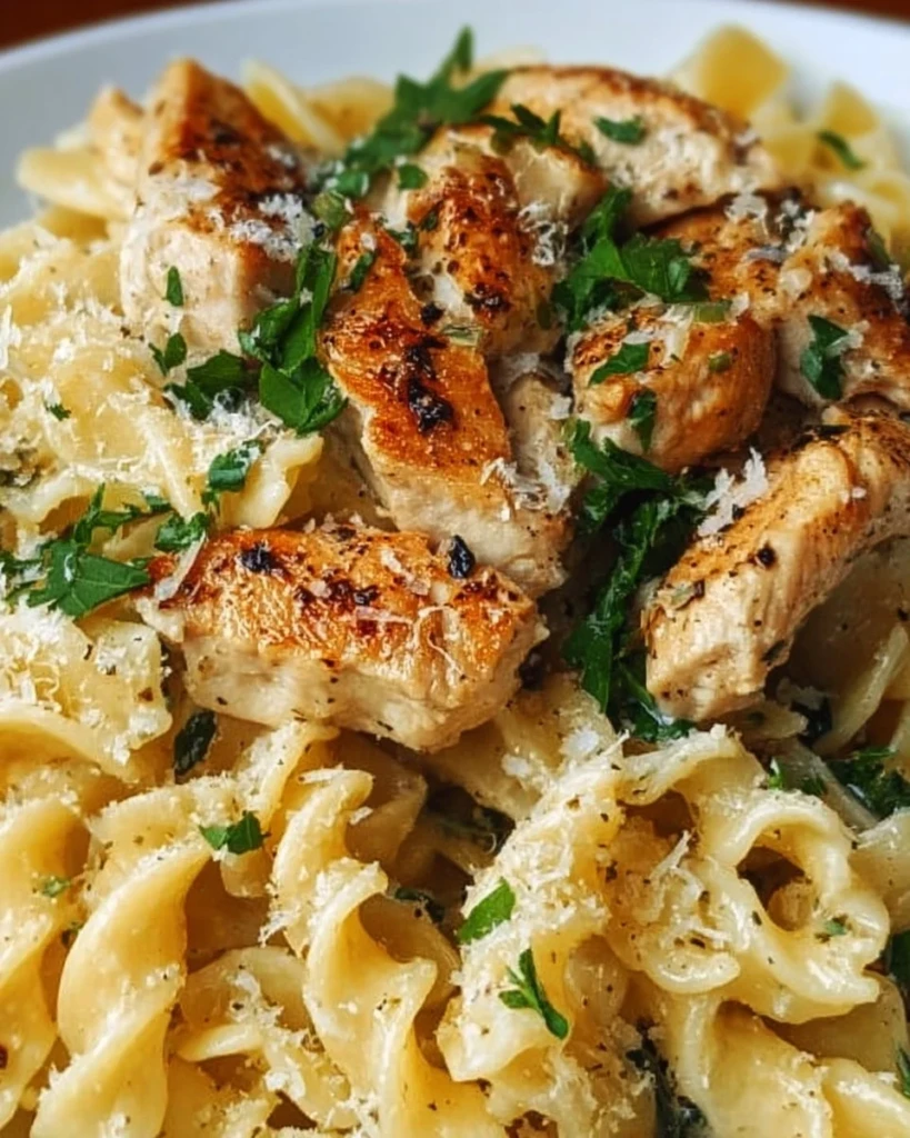Plate of creamy garlic Parmesan chicken pasta garnished with herbs.