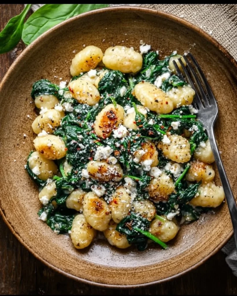 Creamy gnocchi dish with spinach and feta cheese topped with herbs