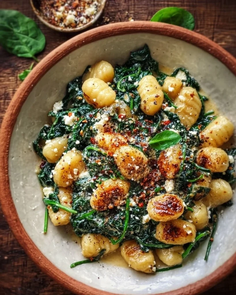Creamy gnocchi dish with spinach and feta cheese, garnished and ready to serve.