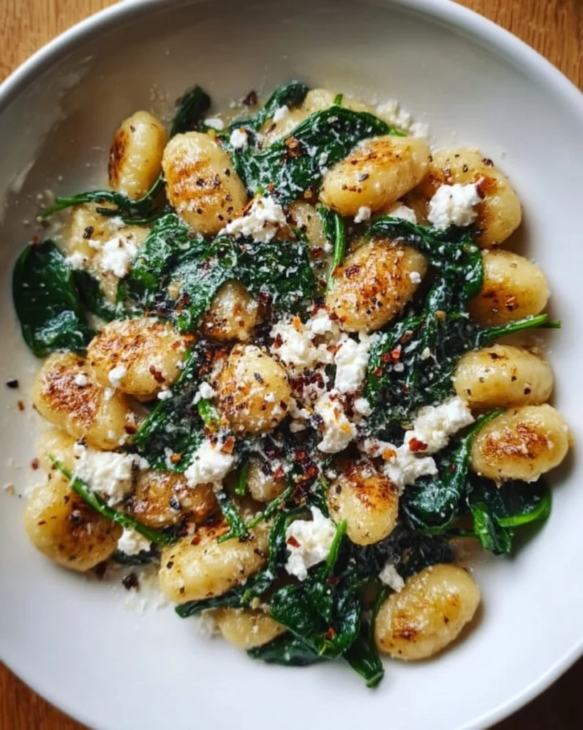 Creamy gnocchi dish with spinach and feta cheese topped with fresh herbs