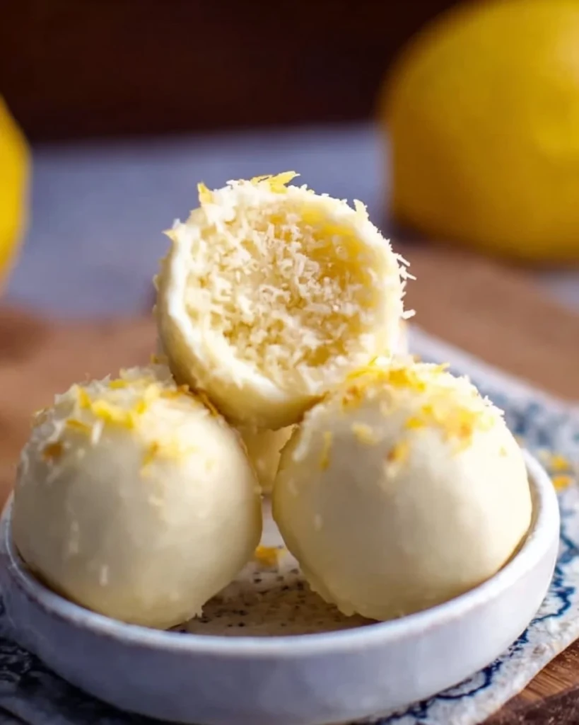Delicious creamy lemon truffles garnished with lemon zest and chocolate shavings.