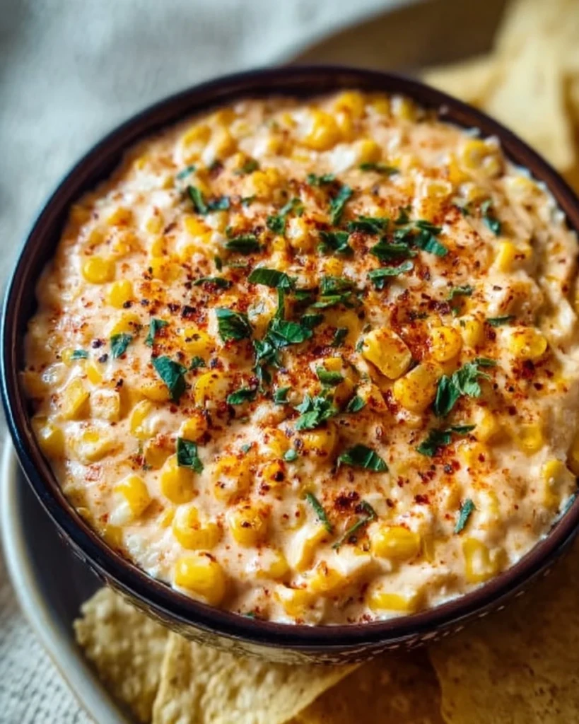 Creamy Mexican street corn dip served in a bowl with toppings.
