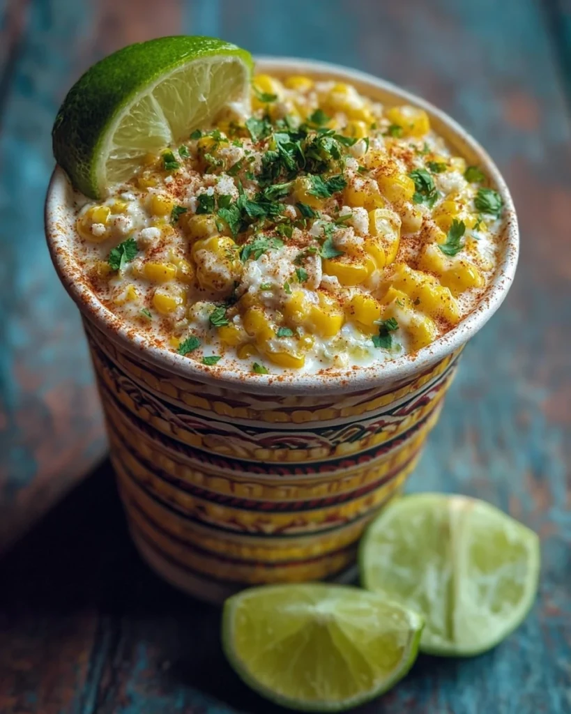 Creamy Mexican street corn in a cup topped with cheese and spices