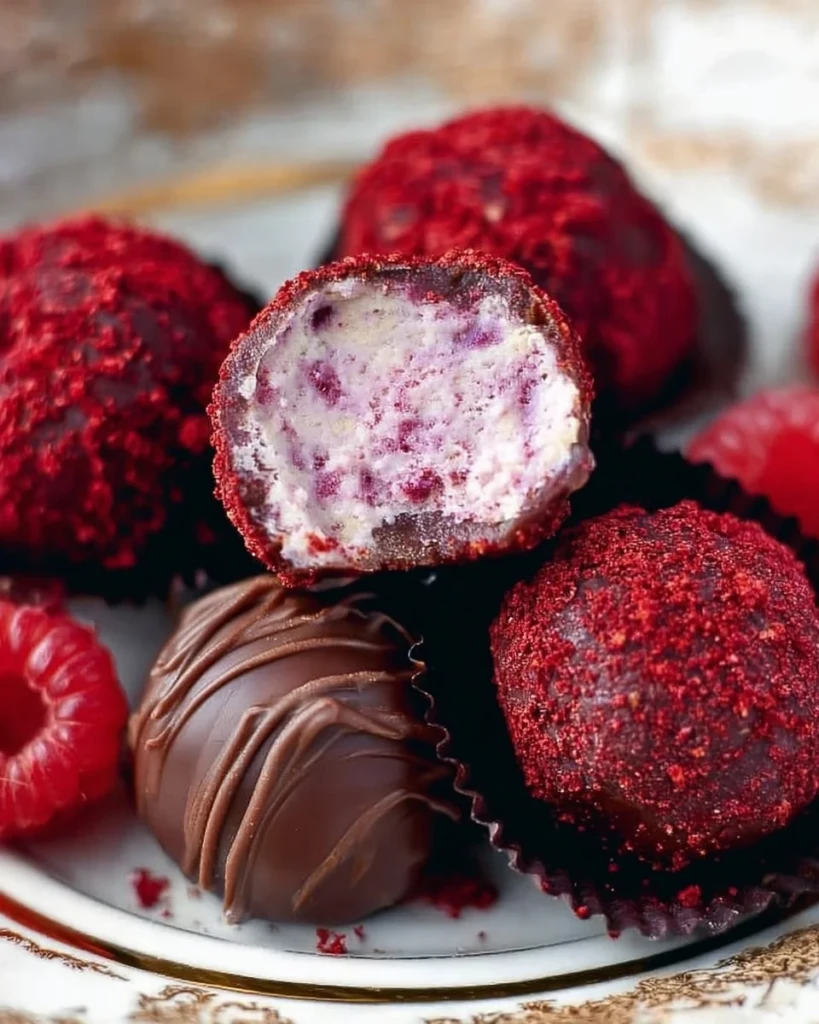 Delicious creamy raspberry truffles on a decorative plate