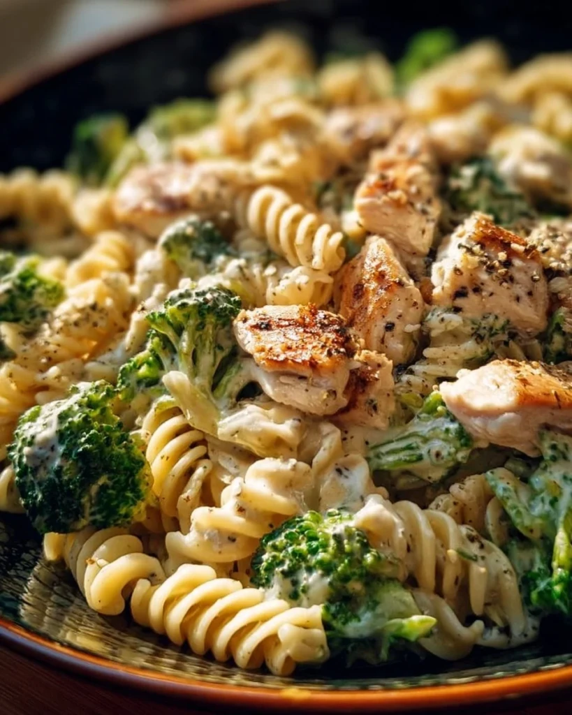 Creamy rotisserie chicken broccoli pasta in a bowl garnished with herbs