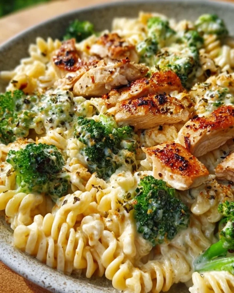 Creamy rotisserie chicken broth pasta with broccoli served in a bowl