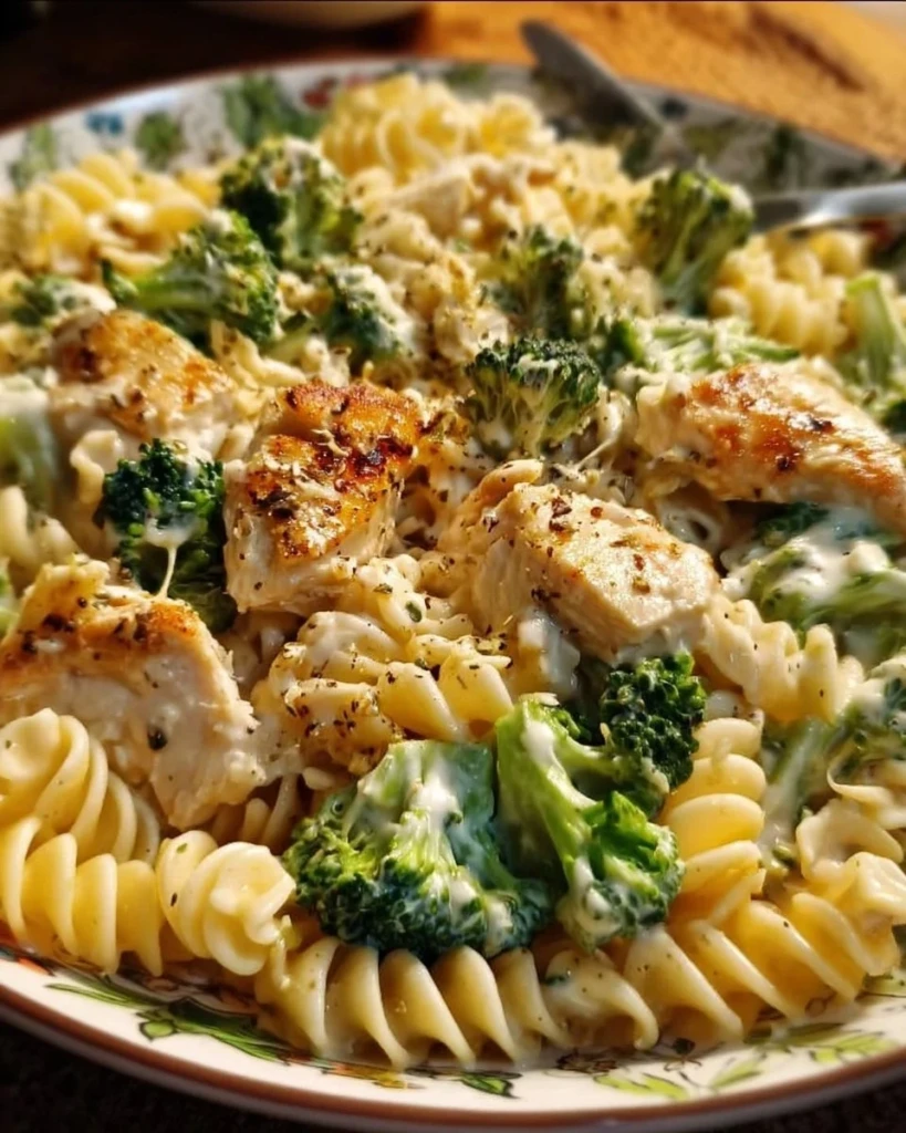 Creamy rotisserie chicken broccoli pasta in a bowl