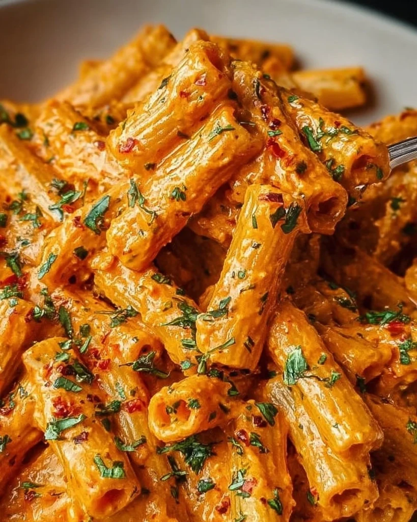 Creamy tomato garlic pasta served with fresh herbs and parmesan cheese