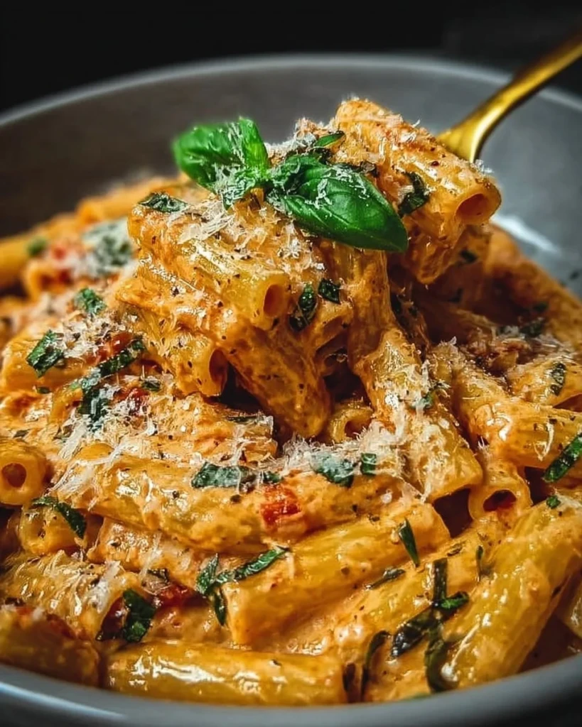 Creamy tomato garlic pasta dish served in a bowl with fresh basil.